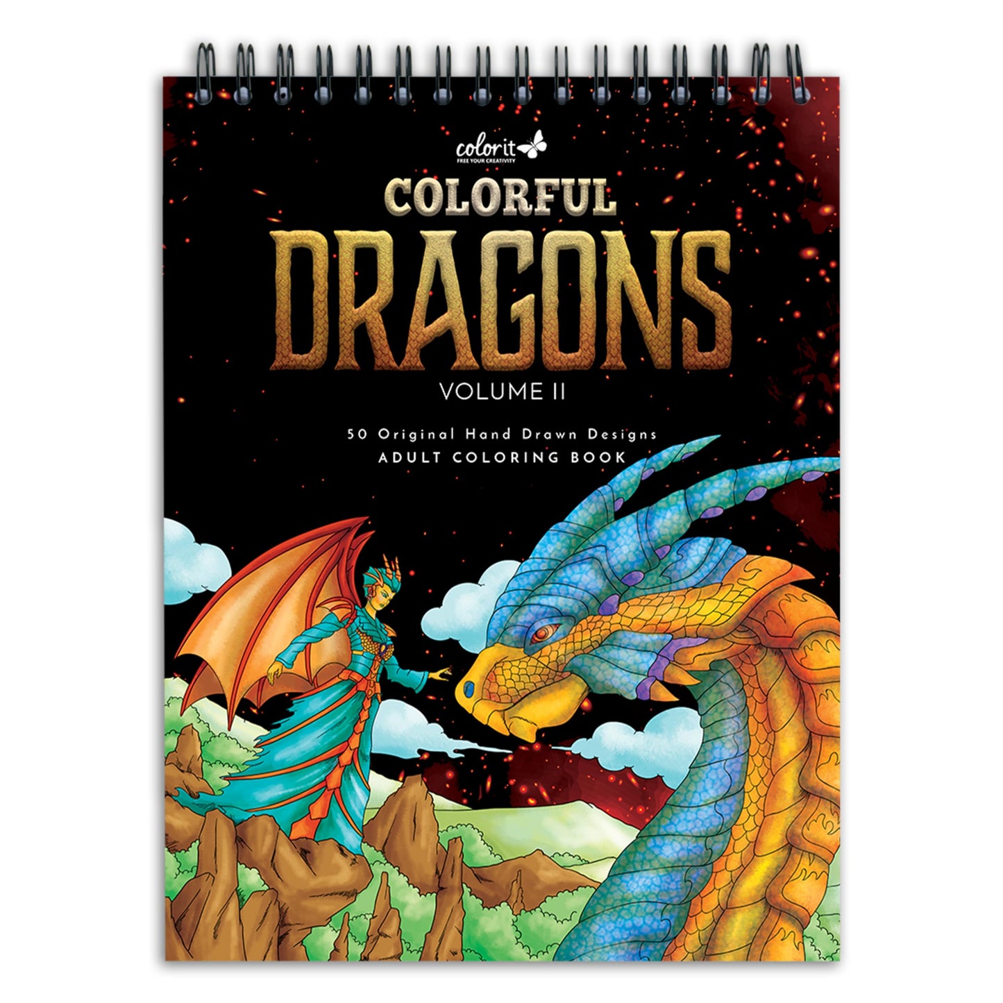 Colorful Dragons Adult Coloring Book - 50 Single-Sided Designs, Thick Smooth Paper, Lay Flat Hardback Covers, Spiral Bound, USA Printed, Dragon Pages to Color