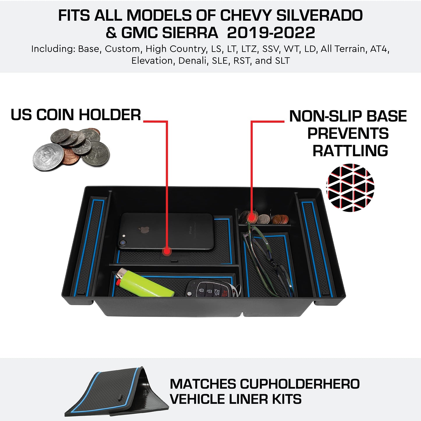 CupHolderHero 2019-2022 Chevy Silverado and fits GMC Sierra - Premium Console Tray Organizer with Liners Kit