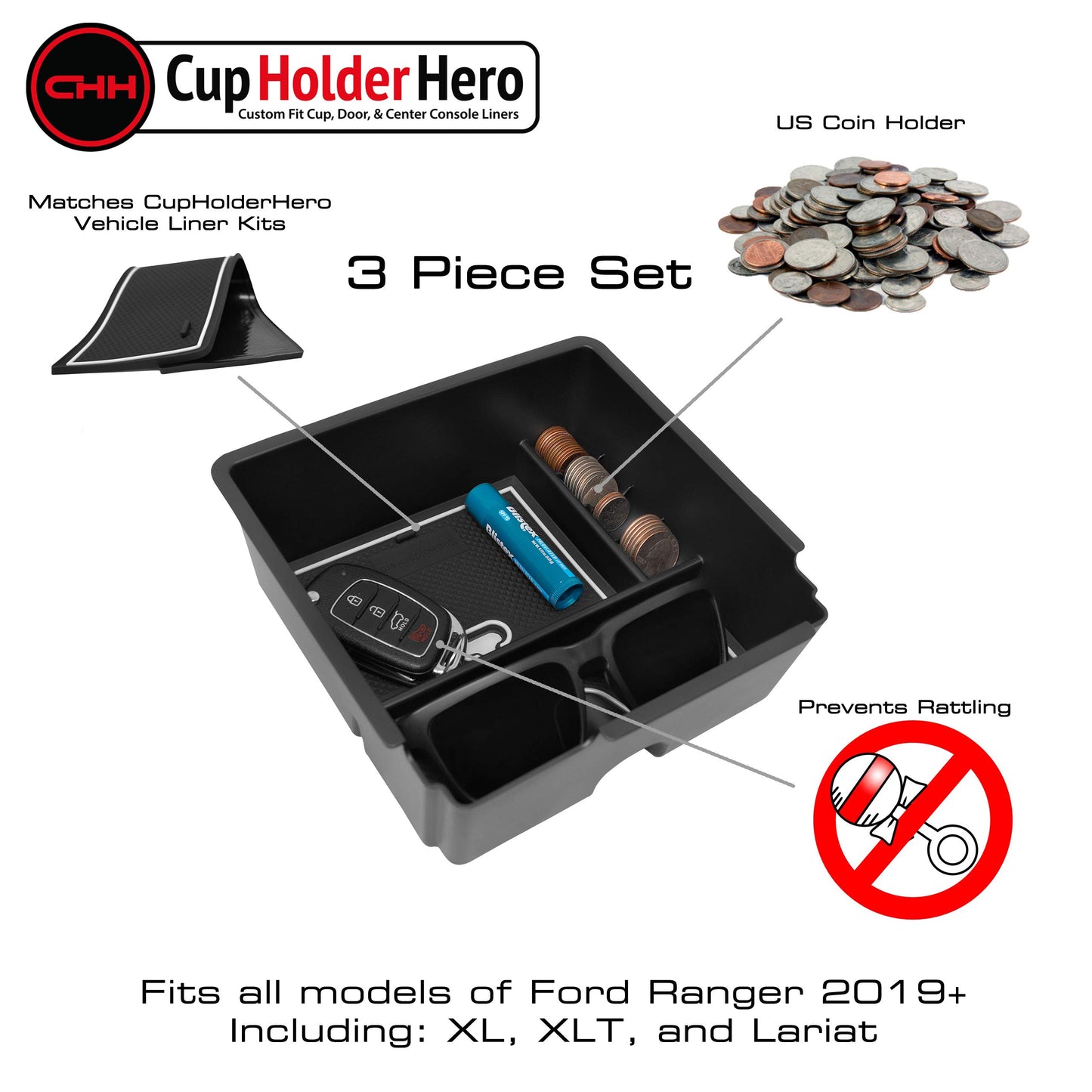 CupHolderHero Ford Ranger 2019-2022 - Premium Console Tray Organizer with Liners Kit