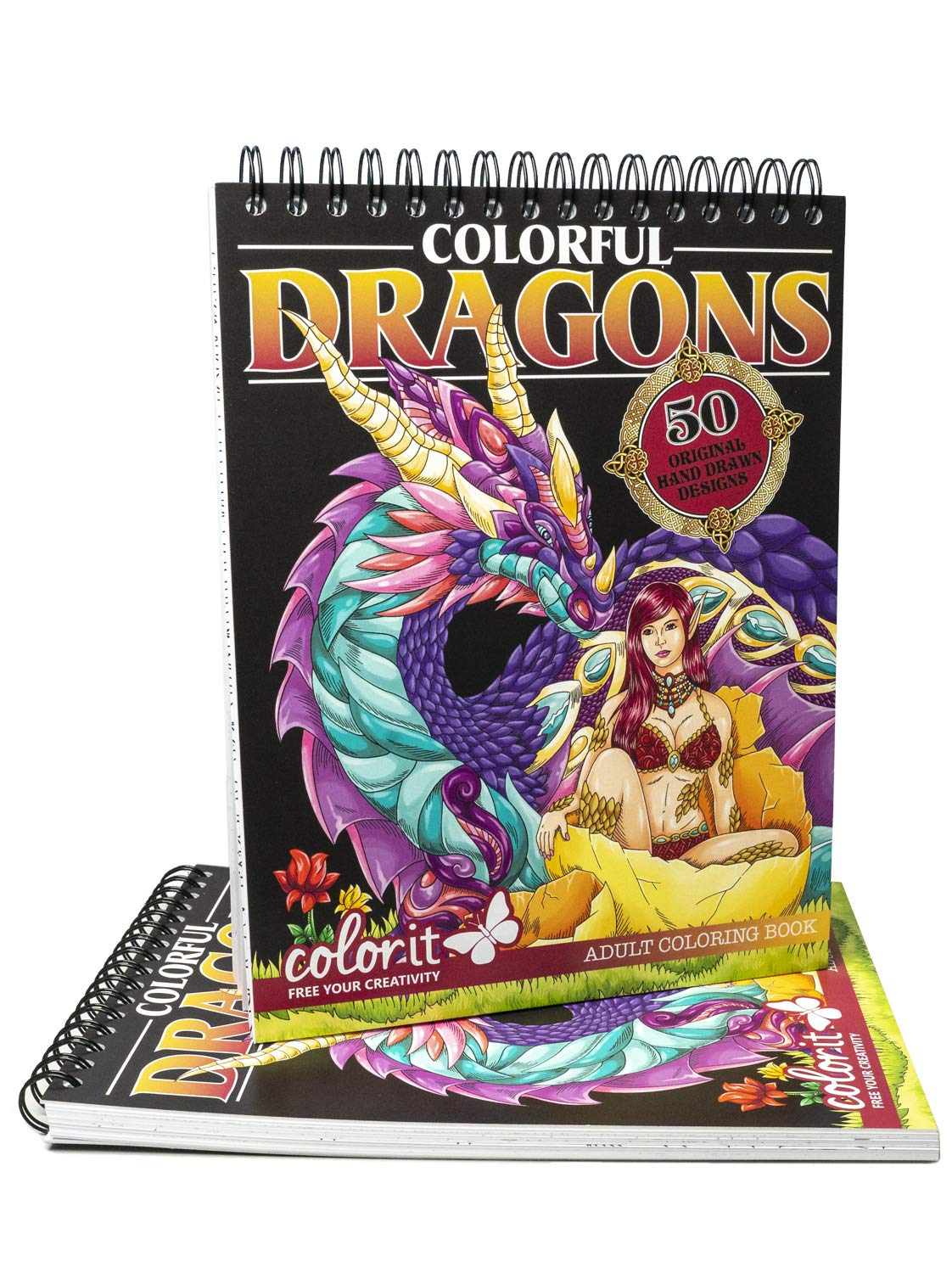 Colorful Dragons Adult Coloring Book - 50 Single-Sided Designs, Thick Smooth Paper, Lay Flat Hardback Covers, Spiral Bound, USA Printed, Dragon Pages to Color