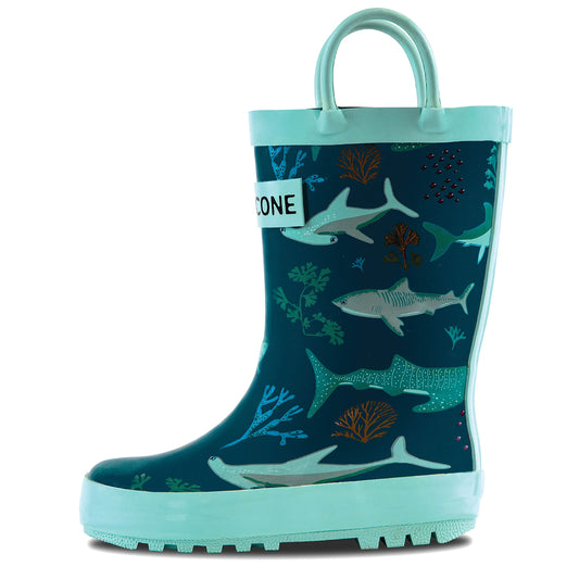 Lone Cone Rain Boots with Easy-On Handles in Fun Patterns for Toddlers and Kids, Sharks, 6 Toddler