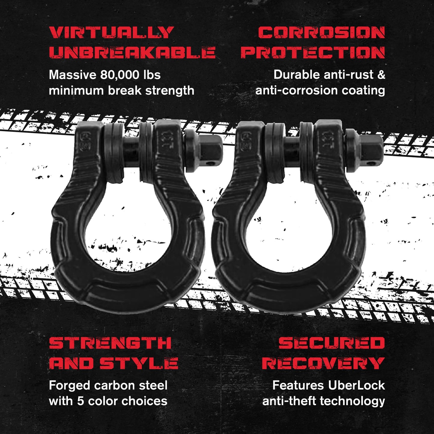 GearAmerica UBER Shackles with Anti-Theft Lock | Forged Carbon Steel | 80,000 lb (40T) MBS & 20,000 lb (10T) WLL