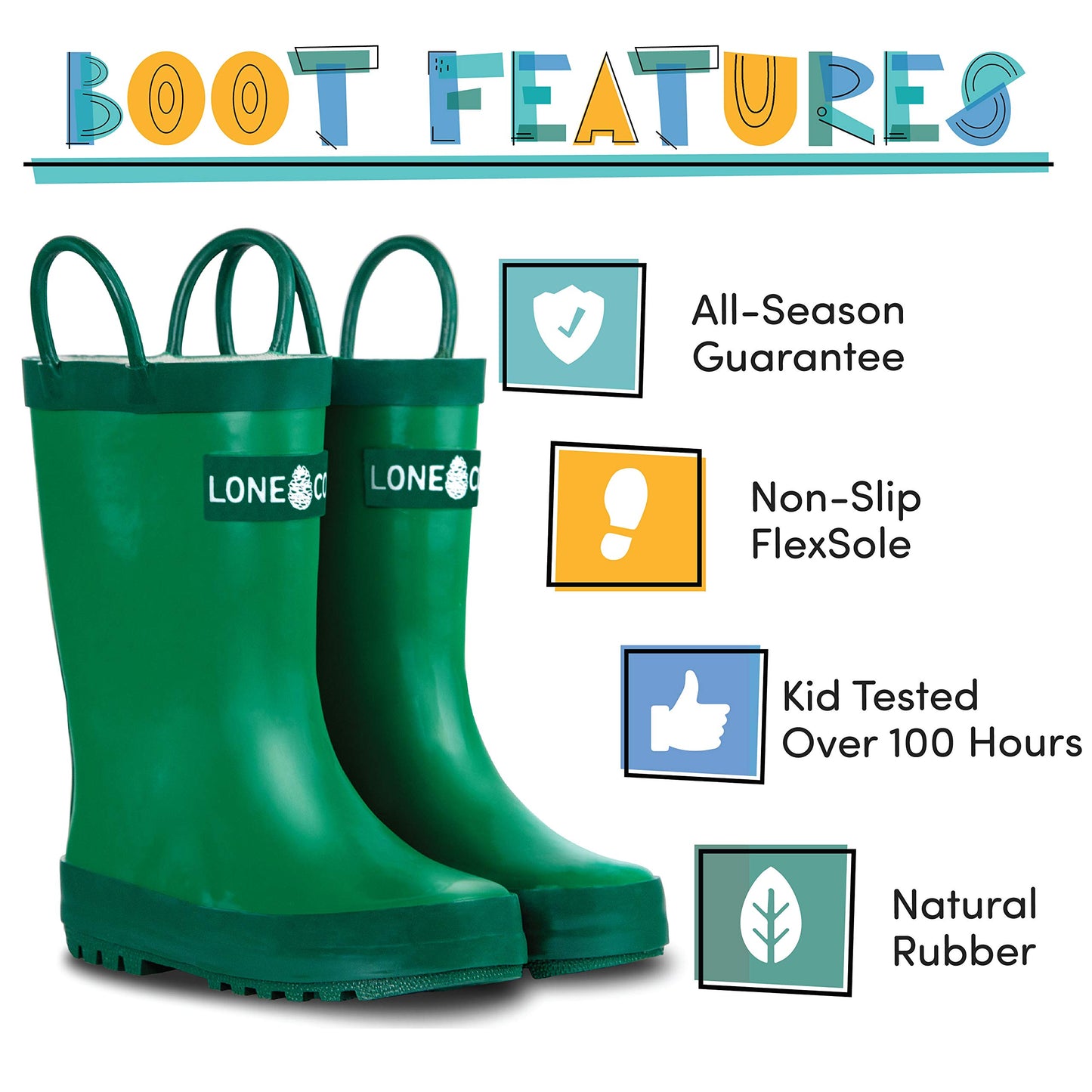 Lone Cone Rain Boots with Easy-On Handles for Toddlers and Kids, Grassy Green, 2 Little Kid