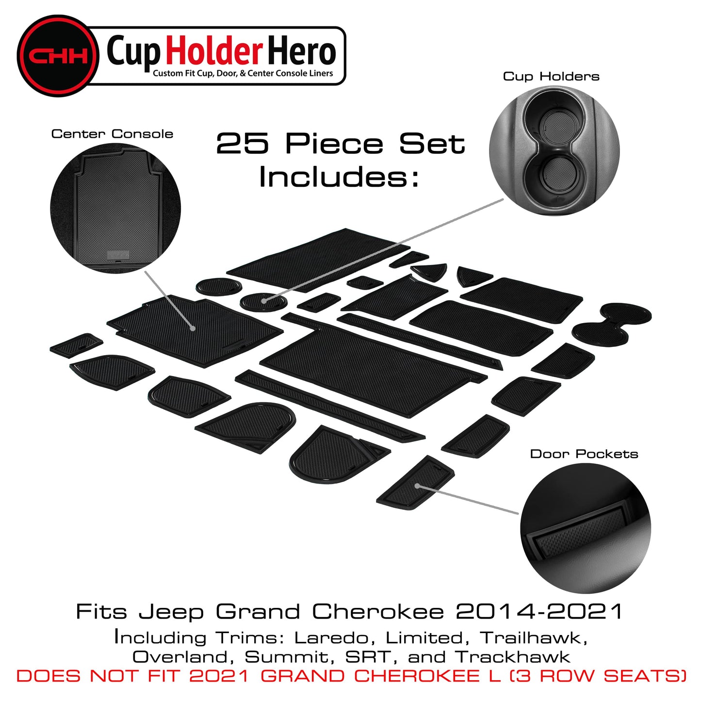 CupHolderHero fits Jeep Accessories Premium Custom Interior Non Slip Anti Dust Cup Holder Inserts, Center Console Liner Mats, Door Pocket Liners