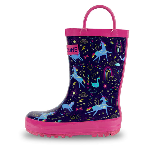 Lone Cone Rain Boots with Easy-On Handles in Fun Patterns & Solid Colors for Toddlers and Kids, Unicorn Dreams, 7 Toddler