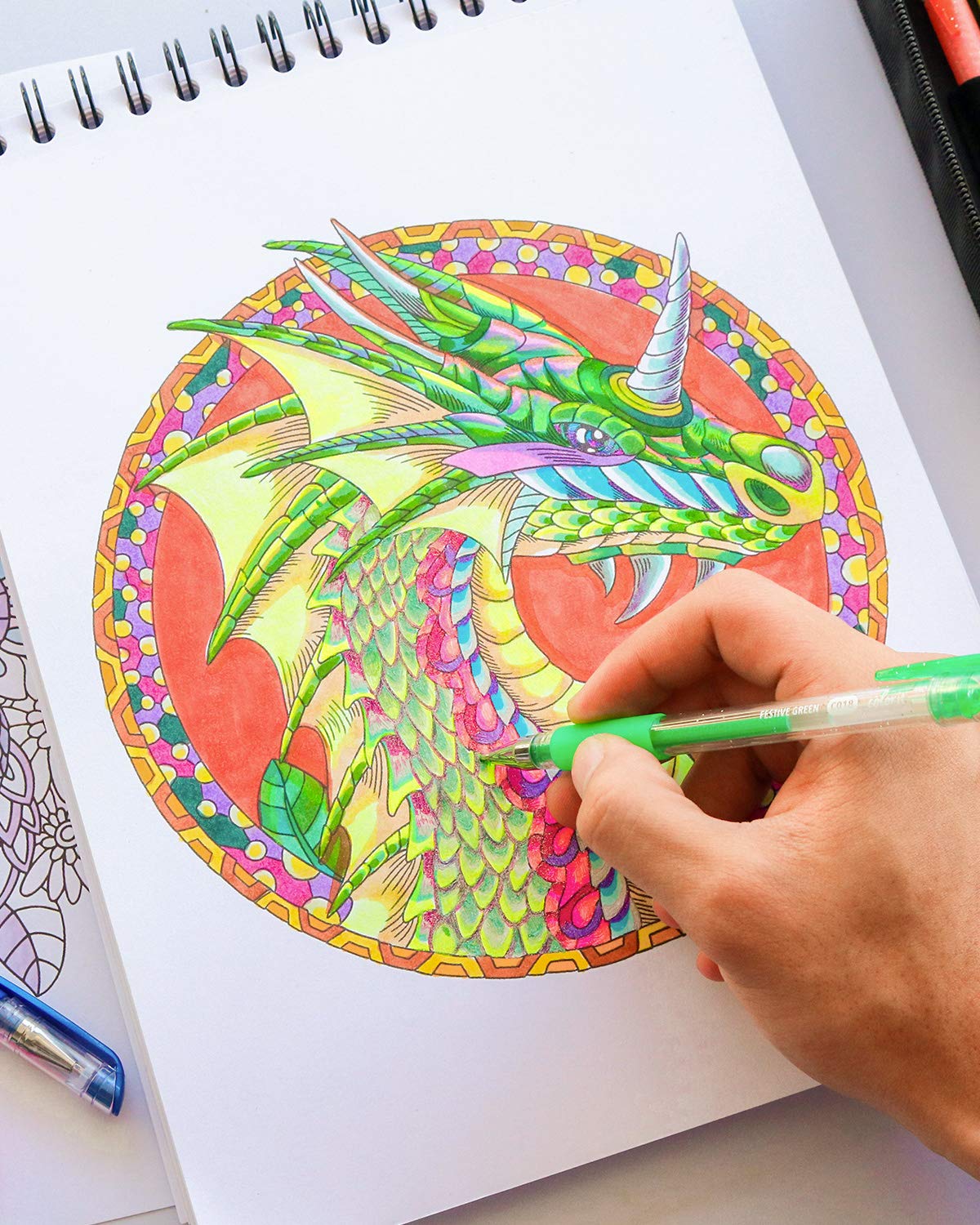 Colorful Dragons Adult Coloring Book - 50 Single-Sided Designs, Thick Smooth Paper, Lay Flat Hardback Covers, Spiral Bound, USA Printed, Dragon Pages to Color