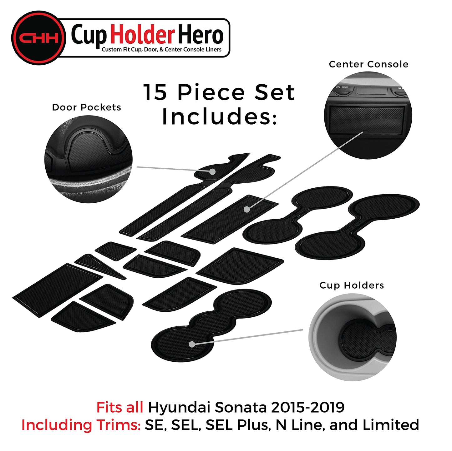 CupHolderHero for 2015-2023 Hyundai Sonata Accessories - Interior Cup Holder Inserts, Center Console Liner Mats, Door Pocket 14-pc Set (Black Trim)