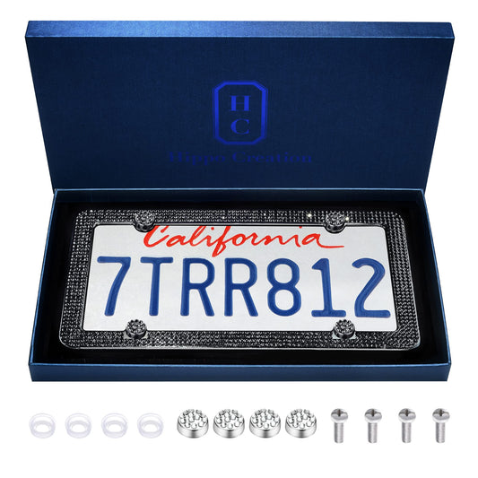 1 Pack Luxury Handcrafted Black Rhinestone Premium 4-Hole Stainless Steel Bling License Plate Frame with Gift Box | 1000+ pcs Finest 14 Facets SS20 Black Rhinestone Crystal | Anti-Theft Screw Cap