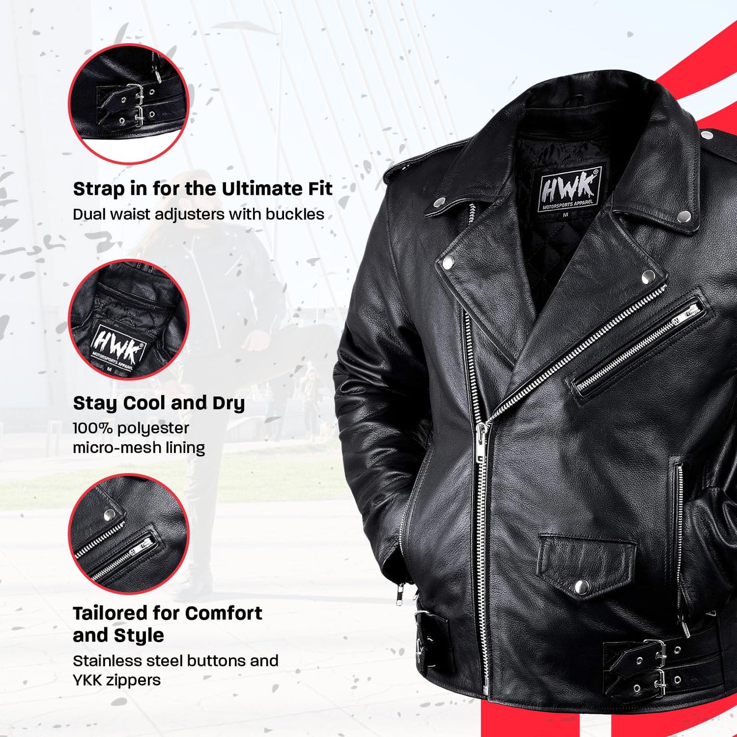 HWK Brando Leather Motorcycle Jacket for Men, Genuine Black Leather Jacket with Removable CE Armor for Motorbike Riding