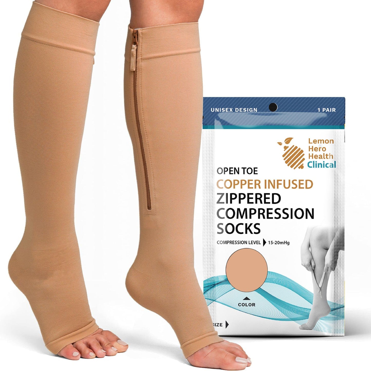 Lemon Hero Copper-Infused Open Toe Zippered Compression Socks 15-20mmHg | Toeless Knee High Compression Stockings for Women and Men | Provide Blood circulation Support and Varicose Vein Relief