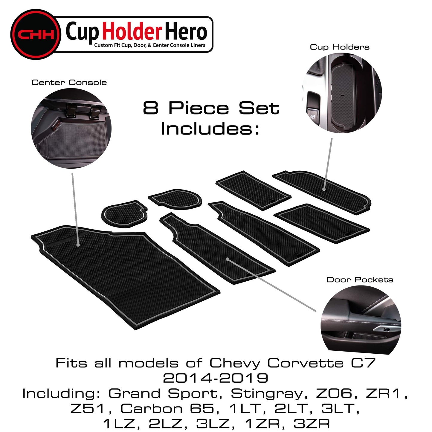 CupHolderHero for 2014-2023 Chevy Corvette Accessories - Interior Cup Holder Inserts, Center Console Liner Mats, Door Pocket