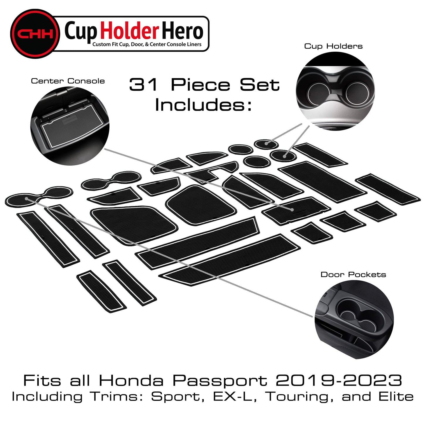 CupHolderHero fits Honda Passport Accessories 2019-2023 Premium Custom Interior Non-Slip Anti Dust Cup Holder Inserts, Center Console Liner Mats, Door Pocket Liners 28pc Set (White Trim)