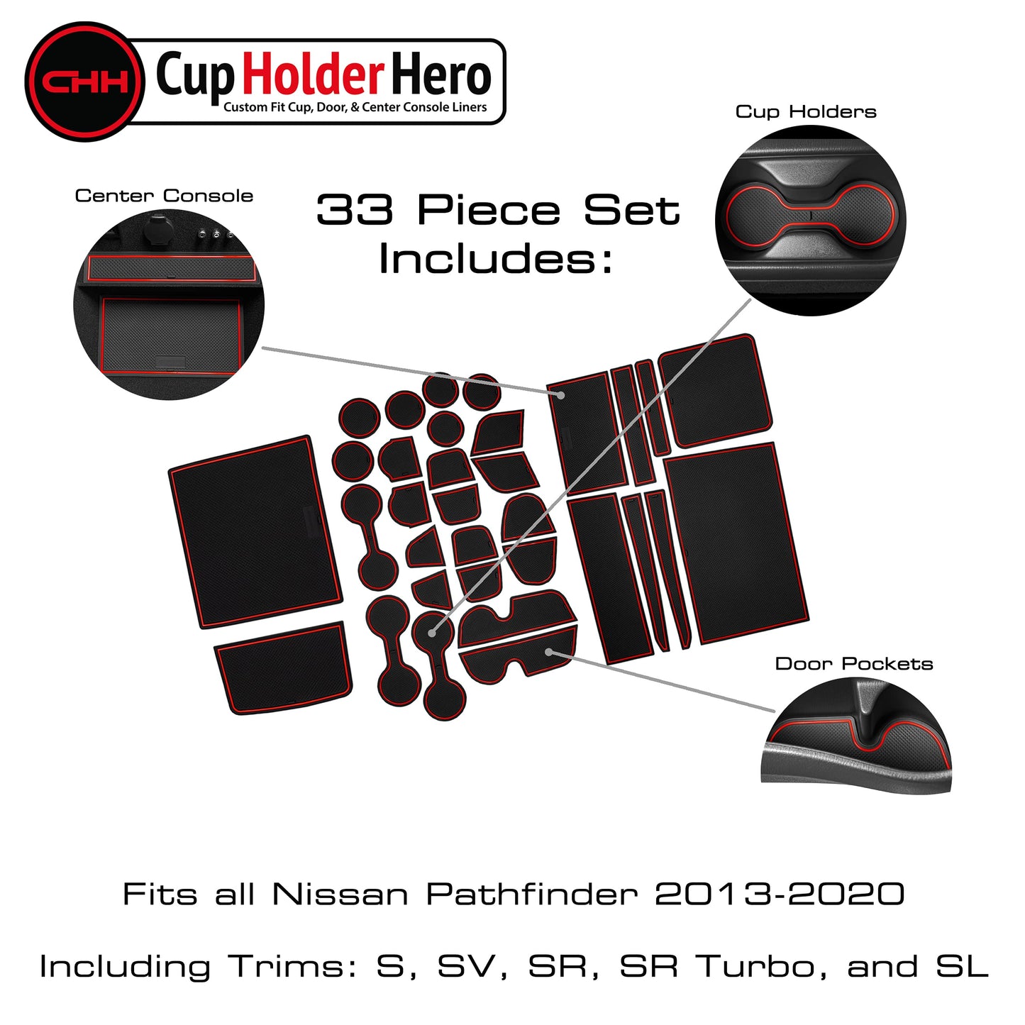 CupHolderHero for 2013-2023 Nissan Pathfinder Accessories - Interior Cup Holder Inserts, Center Console Liner Mats, Door Pocket