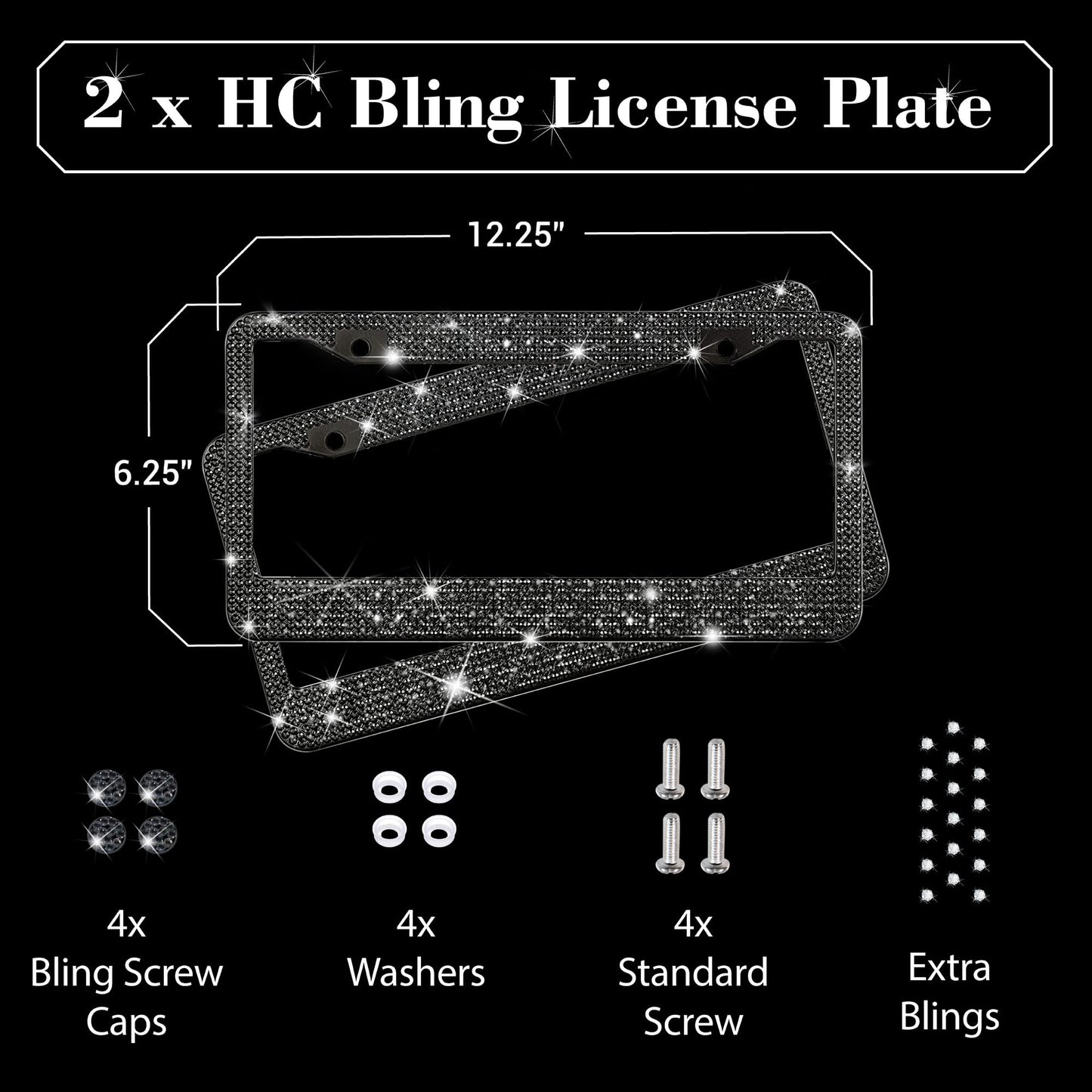 Black Bling License Plate Frames for Women - 2 Pack Bedazzled Cover, Clear Crystal Stainless Steel Girly Queen Sparkle License Plate Frame Cute Diamond Shiny Black Sparkly Cover