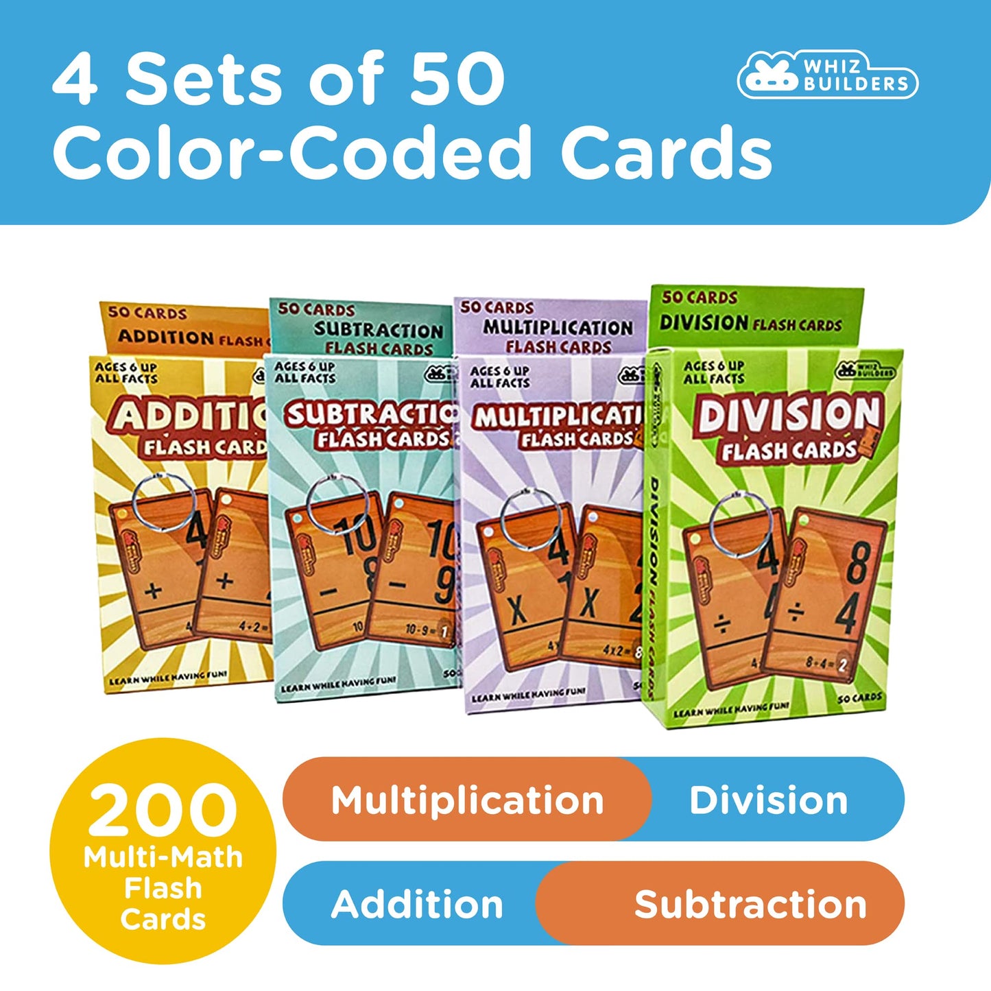 Math Flash Cards 208: Addition & Subtraction Flash Cards, 0-20 Flash Cards, Multiplication & Division Flash Cards, 4 Rings - Math Facts Flash Cards - Kindergarten,1st, 2nd, 3rd, 4th, 5th & 6th Grade