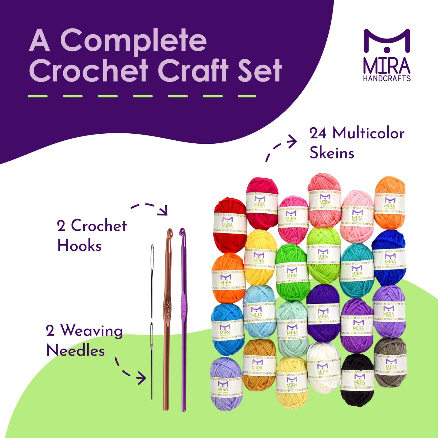 Mira HandCrafts 24 Acrylic Yarn Skeins | 525 Yards of Craft Yarn for Knitting and Crochet | Includes 2 Hooks, 2 Weaving Needles,7 E-Books as Crochet Accessories | Perfect Crochet kit for Beginners