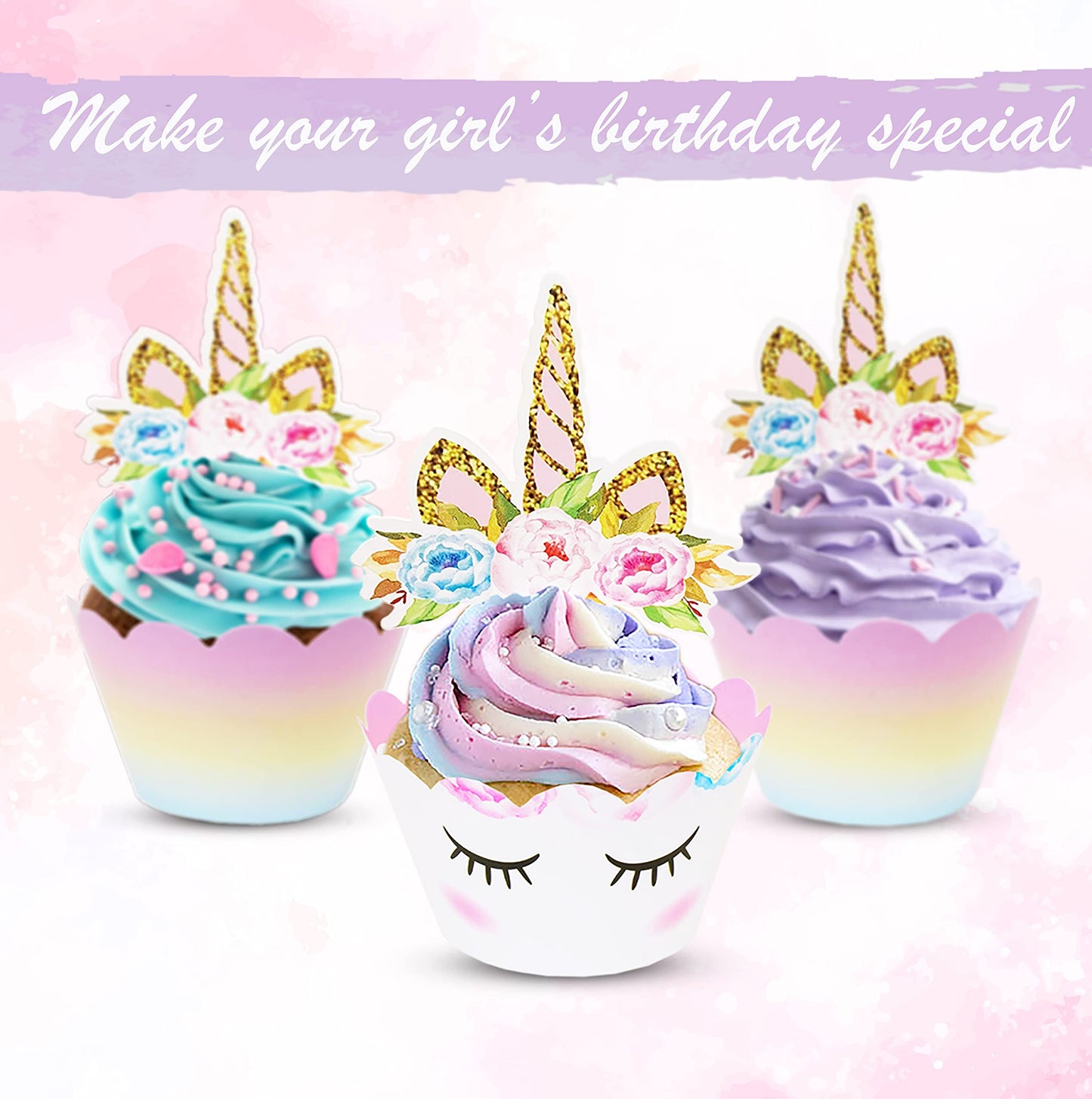 Unicorn Cupcake Toppers and Wrappers Decorations (30 of Each) - Reversible Rainbow Cup Cake Liners with Unicorn Topper | Cute Decorating Supplies for Girl Birthday Party