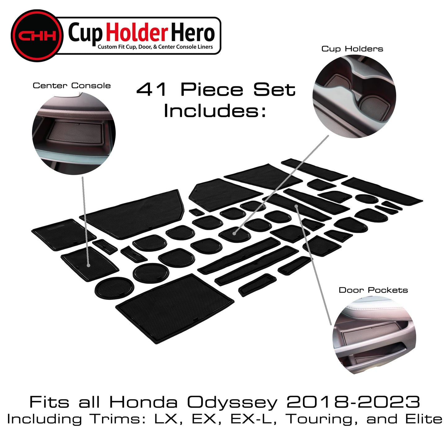 CupHolderHero fits Honda Odyssey Accessories 2018-2024 Premium Custom Interior Non-Slip Anti Dust Cup Holder Inserts, Center Console Liner Mats, Door Pocket Liners 40pc Set (Solid Black)