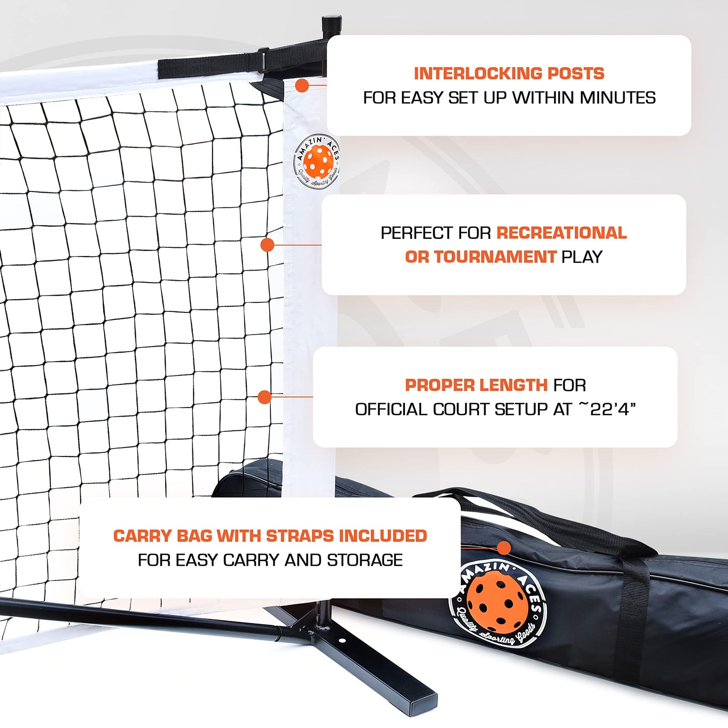 Amazin' Aces Portable Pickleball Net | Premium Net Set Includes Easy-Snap Metal Frame, Tension Strap Net, & Carry Bag for Easy Carry | Regulation Size Pickle Ball Net