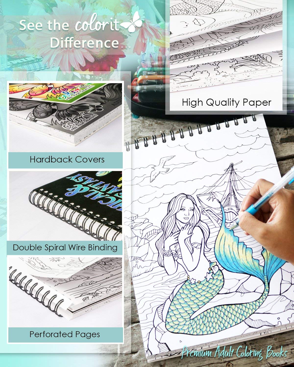 Mythical & Fantasy Adult Coloring Book - Features 50 Original Hand Drawn Designs Printed on Artist Quality Paper, Hardback Covers, Spiral Binding, Perforated Pages, Bonus Blotter [Spiral-bound] ColorIt and Terbit Basuki