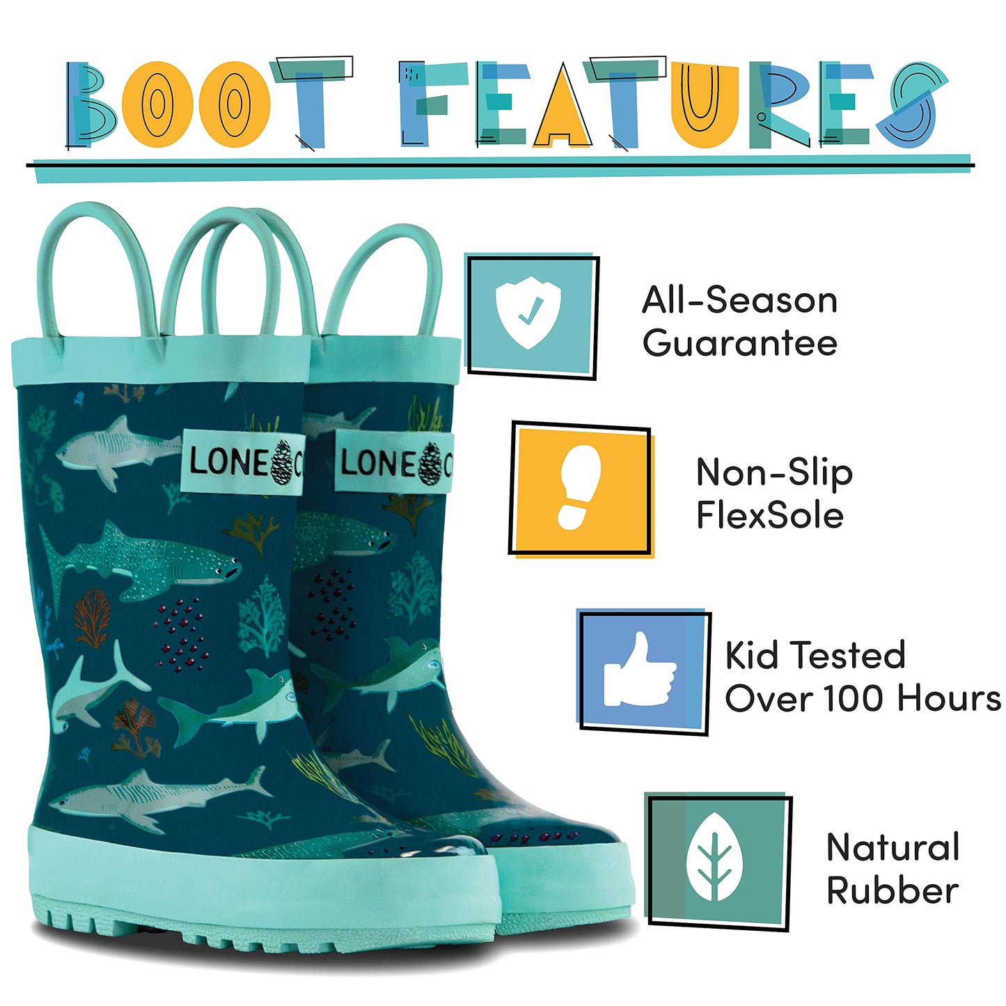 Lone Cone Rain Boots with Easy-On Handles in Fun Patterns for Toddlers and Kids, Sharks, 11 Little Kid