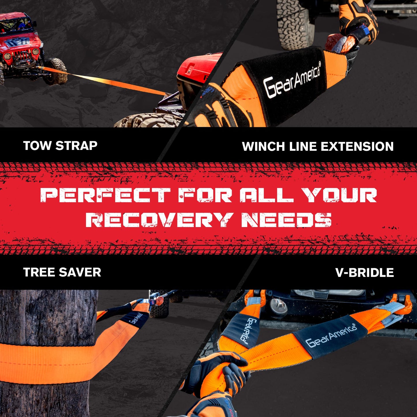 GearAmerica Tow Strap Heavy Duty Tree Saver Winch Strap Max Break Strength Tow Rope Recovery Straps Offroad – Weather Resistant Recovery Rope + Triple Reinforced Loops Towing Strap