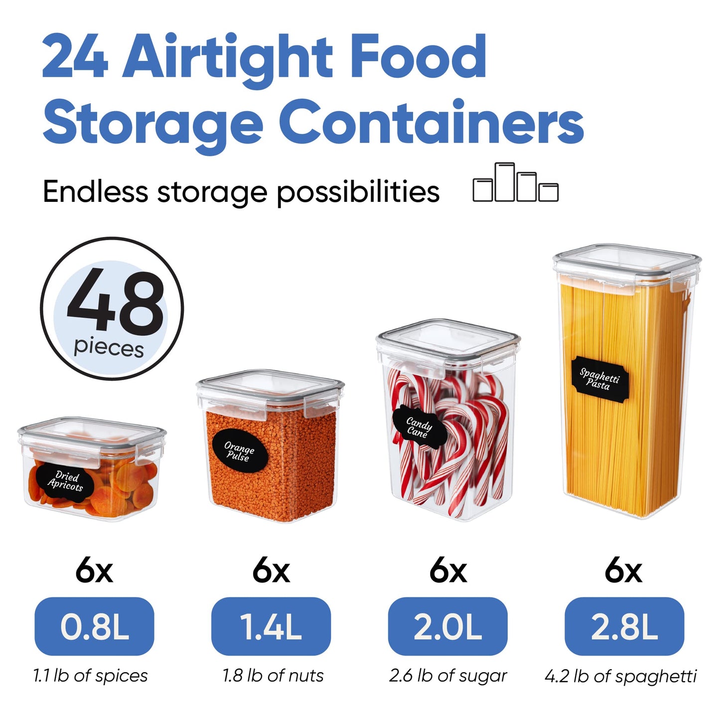 Airtight Food Storage Container Set - 24 Piece, Kitchen & Pantry Organization, BPA-Free, Plastic Canisters with Durable Lids Ideal for Cereal, Flour & Sugar - Labels, Marker & Spoon Set