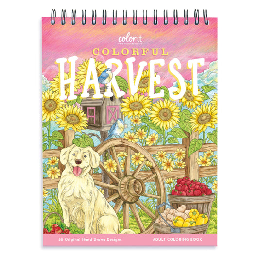 ColorIt Colorful Harvest Adult Coloring Book Spiral Bound, Fall Coloring Book with 50 Illustrations of Thanksgiving & Halloween Season, Premium Quality Thick Paper, Flat Hard Book Covers, Ink Blotter