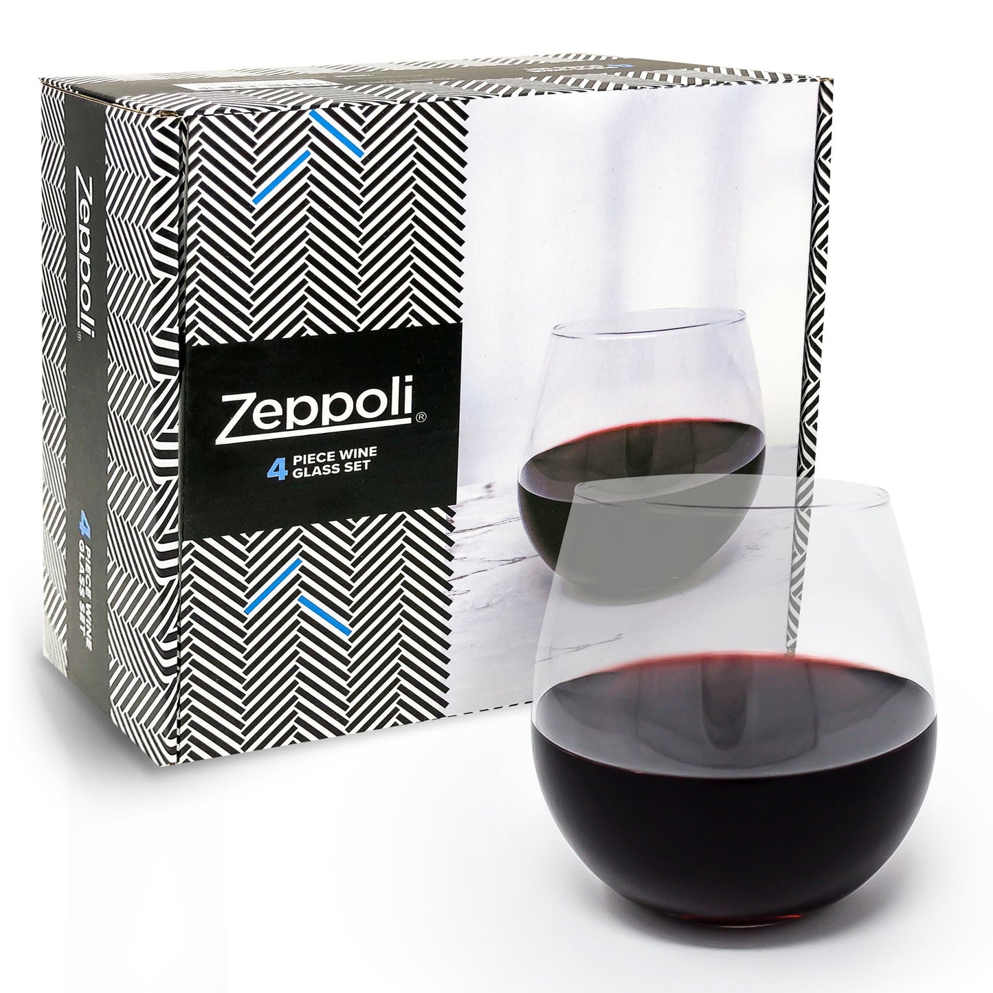 Zeppoli Wine Glass 4-Piece Set Stemless Clear Durable Glass