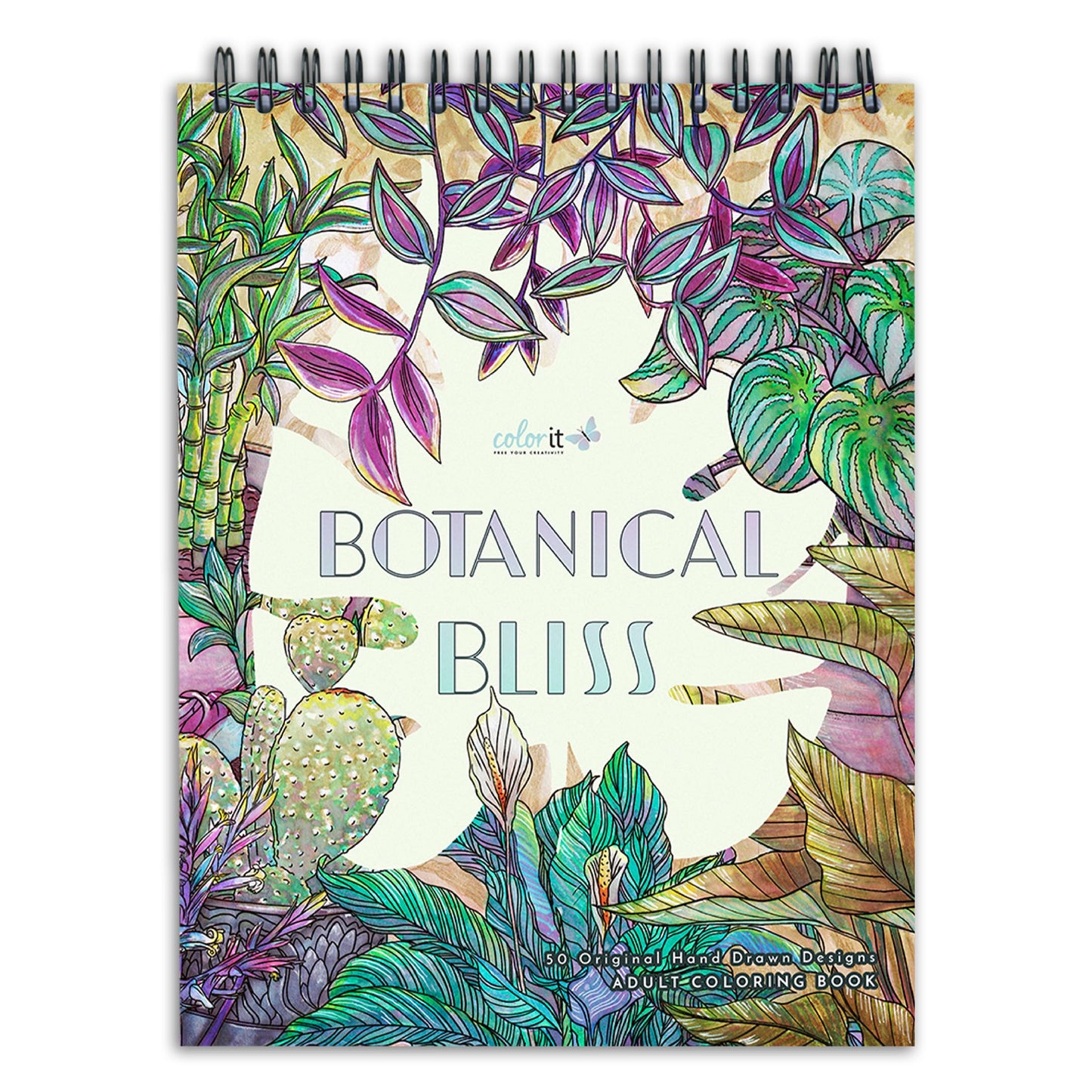 ColorIt Botanical Bliss Spiral Bound Adult Coloring Book, 50 Illustrations of Flowers, Vines, Cactus, Indoor Plants, Garden, Thick Paper, Perforated Paper, Lay Flat Hard Cover, Ink Blotter Paper