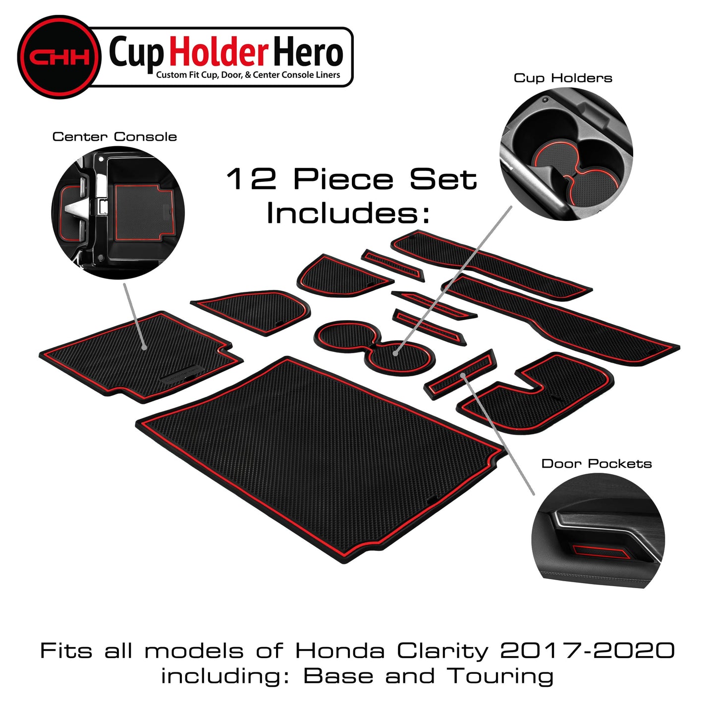 CupHolderHero fits Honda Clarity Accessories 2017-2021 Premium Custom Interior Non-Slip Anti Dust Cup Holder Inserts, Center Console Liner Mats, Door Pocket Liners 12pc Set (Solid Black)