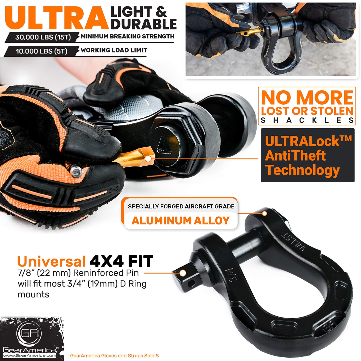 GearAmerica Aluminum ULTRA Bow Shackles with AntiTheft Locking Pin | 30,000 LBS MBS (10,000 LBS WLL)