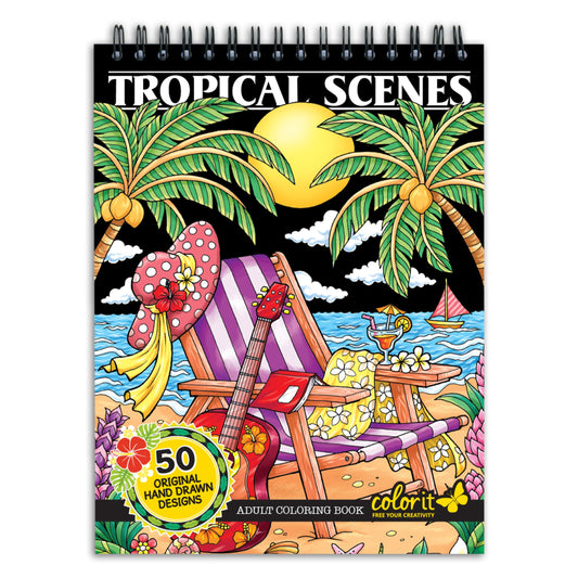 ColorIt Colorful Tropical Scenes Adult Coloring Book - 50 Single-Sided Designs, Thick Smooth Paper, Lay Flat Hardback Covers, Spiral Bound, USA Printed, Tropical Pages to Color