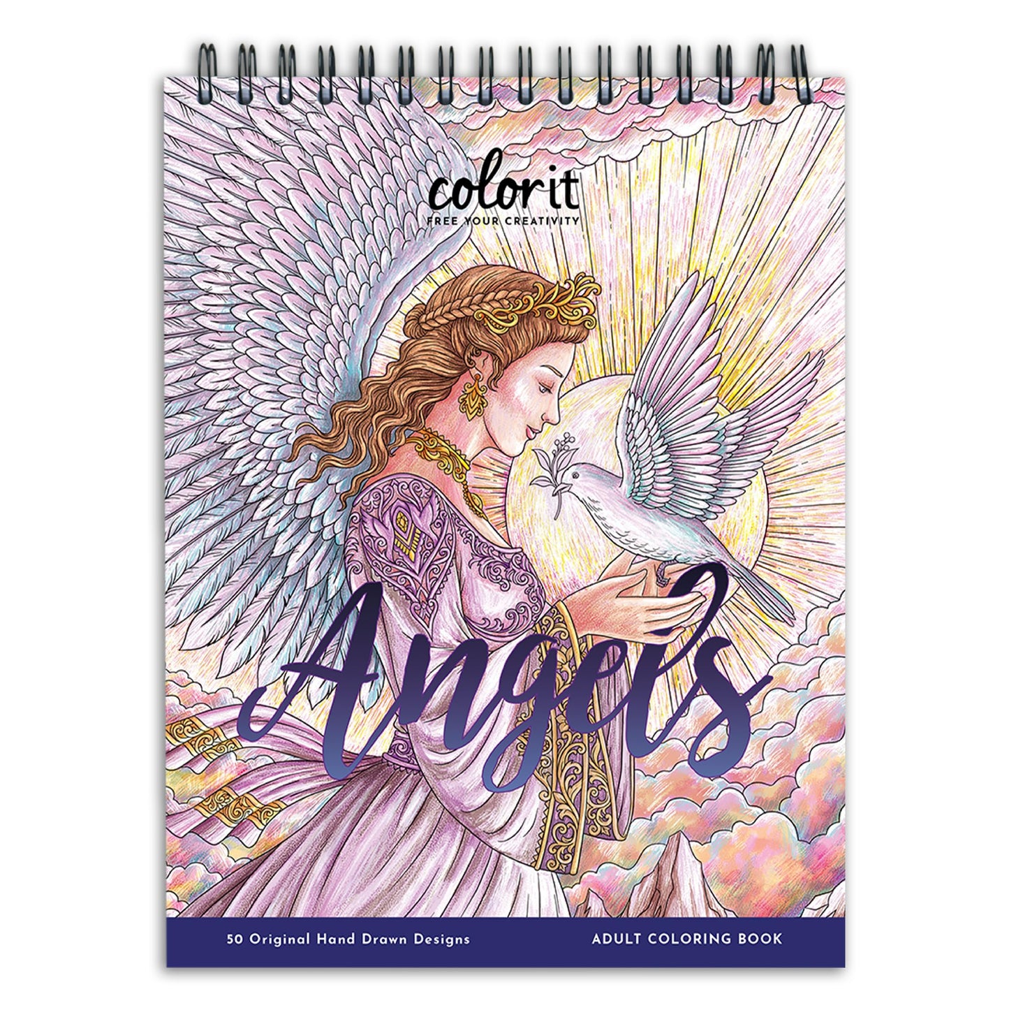 ColorIt Angels Spiral Bound Adult Coloring Book, 50 Original Illustrations of Celestial Cherubs and Archangels - High Quality Thick Paper, Perforated Pages, Hard Book Covers, Ink Blotter Paper