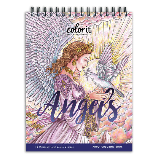 ColorIt Angels Spiral Bound Adult Coloring Book, 50 Original Illustrations of Celestial Cherubs and Archangels - High Quality Thick Paper, Perforated Pages, Hard Book Covers, Ink Blotter Paper