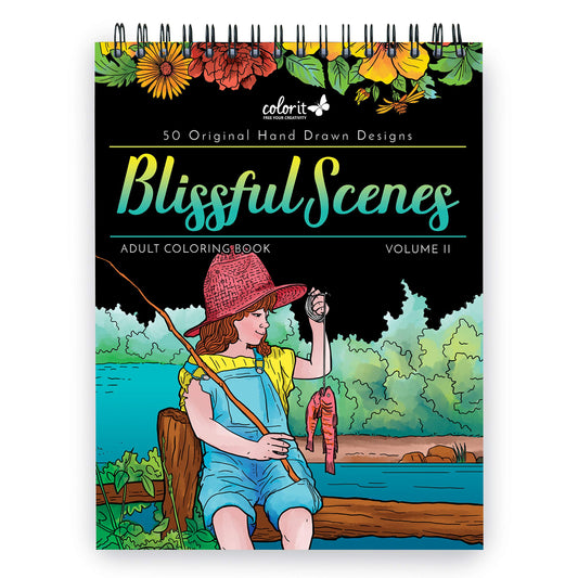 Blissful Scenes II Adult Coloring Book - 50 Single-Sided Designs, Thick Smooth Paper, Lay Flat Hardback Covers, Spiral Bound, USA Printed