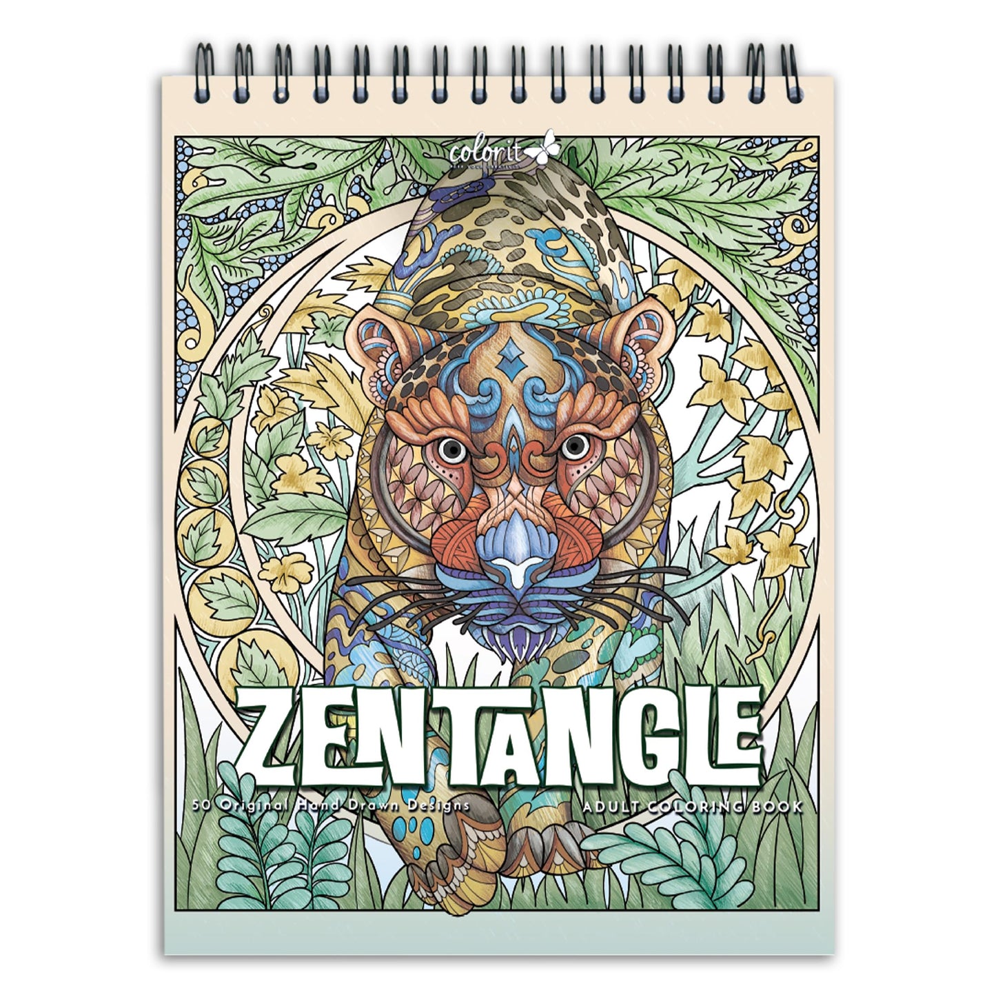 ColorIt Zentangle Spiral Bound Adult Coloring Book, 50 Zen Animal Kingdom Designs and Patterns for Meditation and Mindfulness, Thick Paper, Perforated Paper, Lay Flat Hard Cover, Ink Blotter Paper