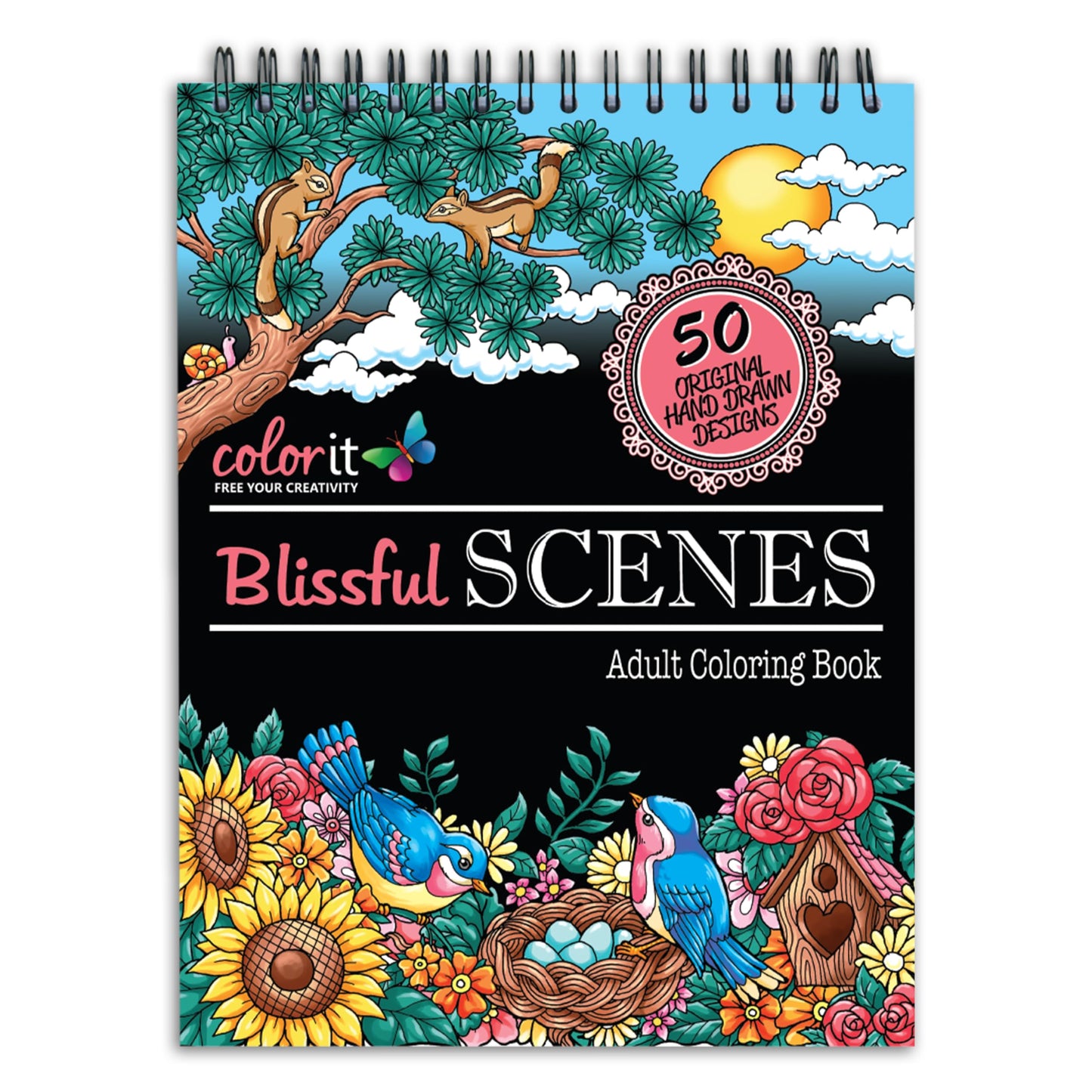 Blissful Scenes Adult Coloring Book - Features 50 Original Hand Drawn Designs Printed on Artist Quality Paper, Hardback Covers, Spiral Binding, Perforated Pages, Bonus Blotter