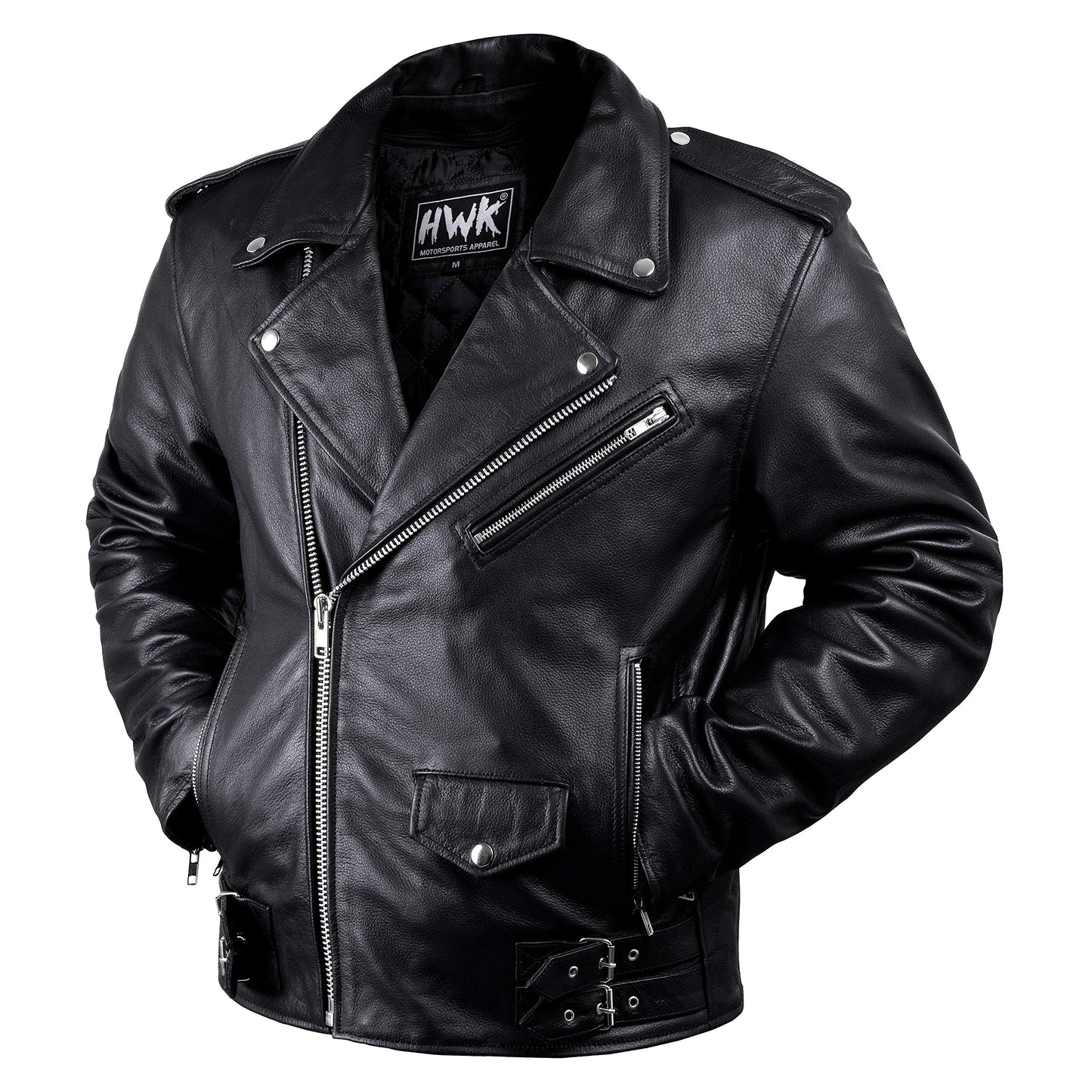 HWK Brando Leather Motorcycle Jacket for Men, Genuine Black Leather Jacket with Removable CE Armor for Motorbike Riding