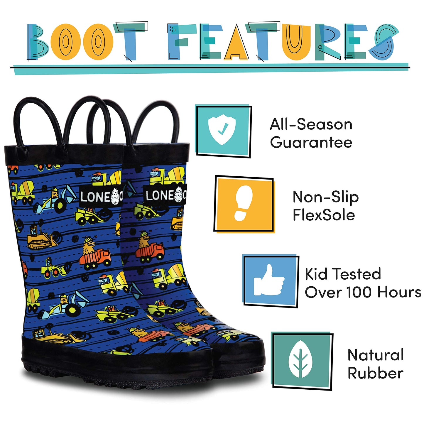 Lone Cone Rain Boots with Easy-On Handles in Fun Patterns & Solid Colors for Toddlers and Kids, Space Adventure - Shiny Finish, 3 Little Kid