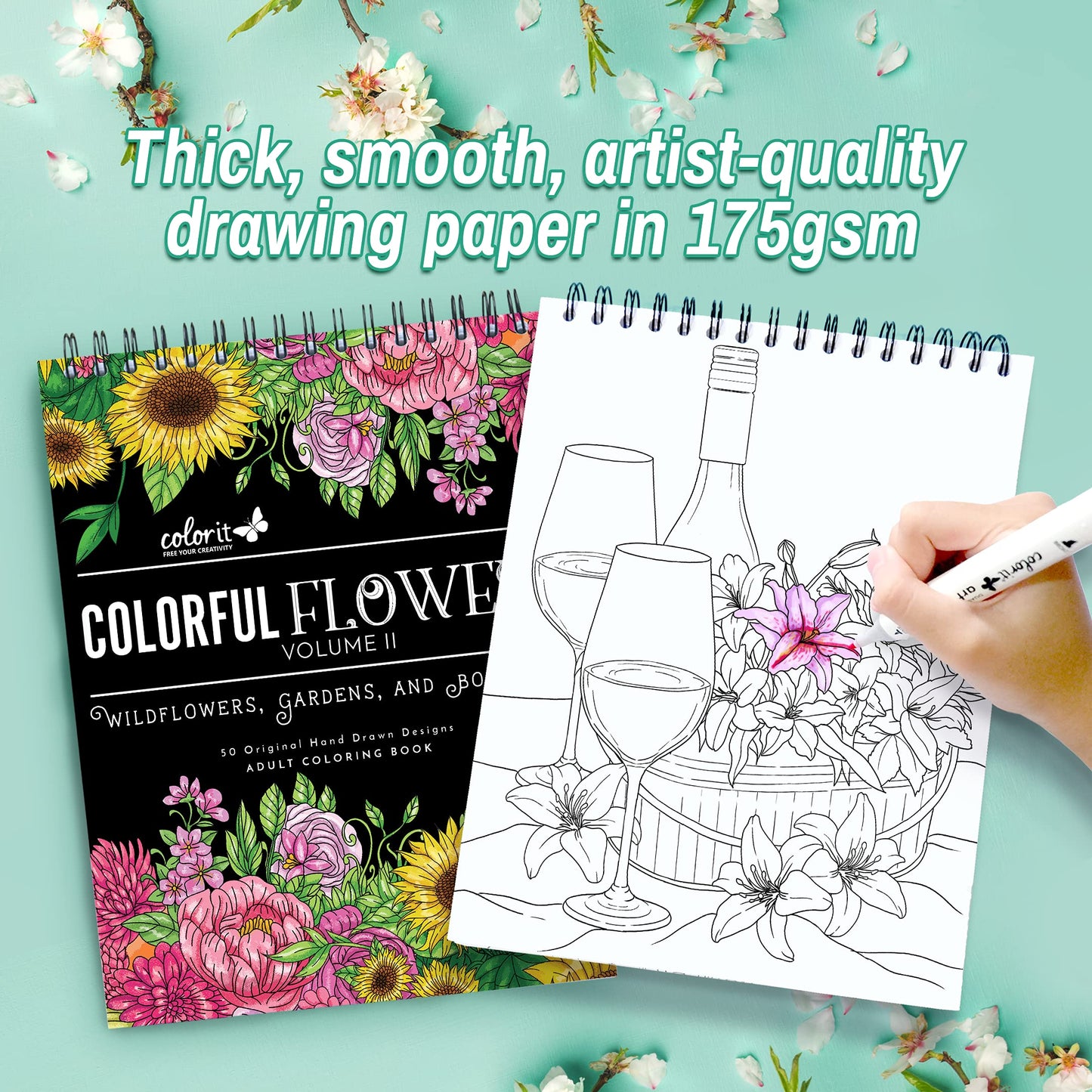 ColorIt Colorful Flowers Volume 2 Wildflowers, Gardens, and Bouquets Adult Coloring Book, 50 Original Designs, Thick Paper, Spiral Binding, USA Printed, Lay Flat Hardback Book Covers, Blotter Paper