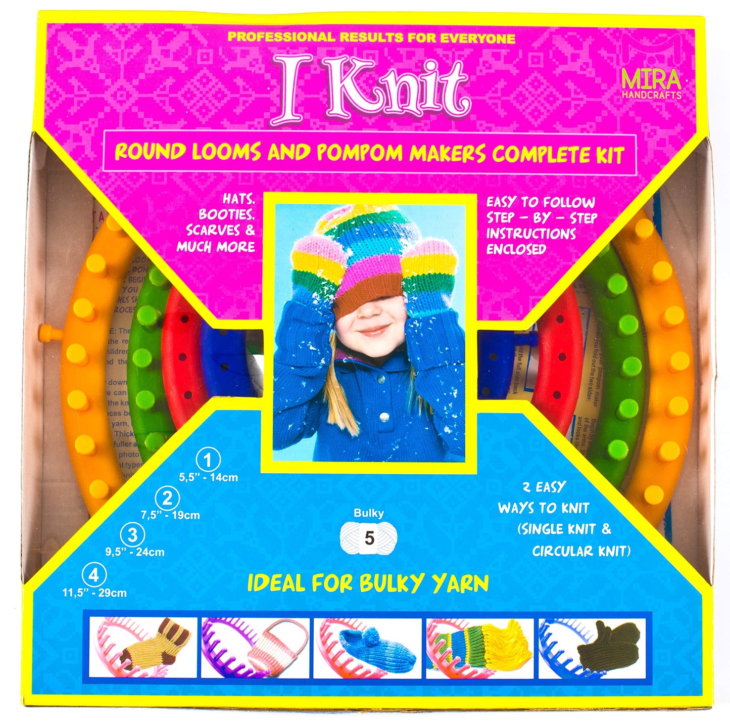 Complete Round Knitting Loom Kit | 4 Knitting Circle Looms, 4 Pompom Makers, 3 Plastic Needles, 1 Soft Grip Pick | Perfect Crochet Craft Kit for Beginners | by Mira Handcrafts