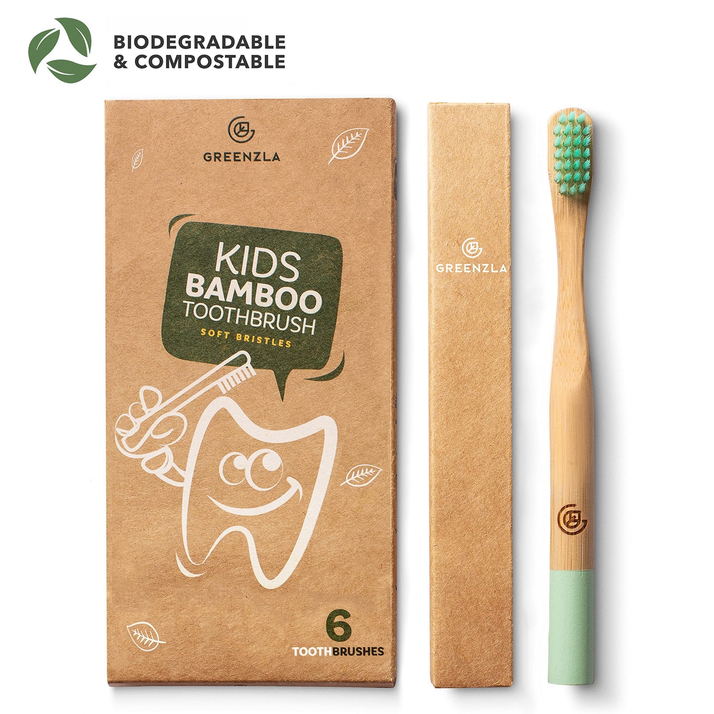 GREENZLA Kids Bamboo Toothbrushes (6 Pack) BPA Free Soft Bristles Eco-Friendly, Natural Toothbrush Set Biodegradable & Compostable Charcoal Wooden