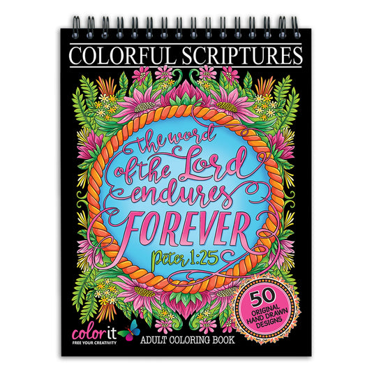 ColorIt Colorful Scriptures Christian Adult Coloring Book, 50 Original Hand Drawn Biblical Designs Printed on Artist Quality Paper, Hardback Covers, Spiral Binding, Perforated Pages, Ink Blotter