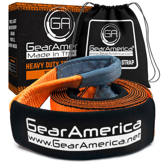 GearAmerica Tow Strap Heavy Duty Tree Saver Winch Strap Max Break Strength Tow Rope Recovery Straps Offroad – Weather Resistant Recovery Rope + Triple Reinforced Loops Towing Strap