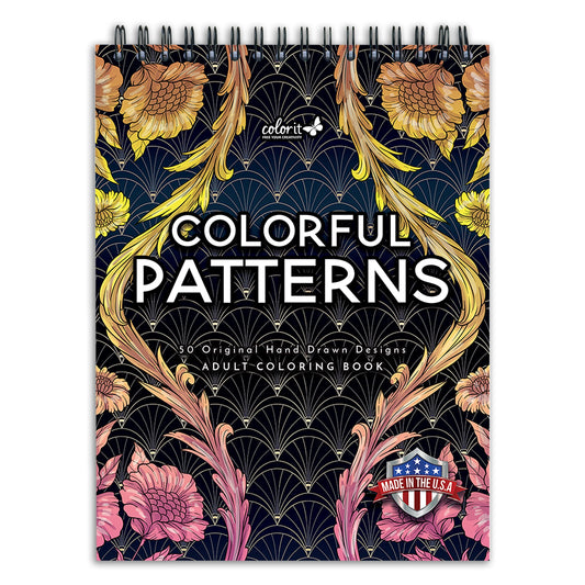 Colorful Patterns Spiral Bound Adult Coloring Book, 50 Original Designs - Unique and Vibrant