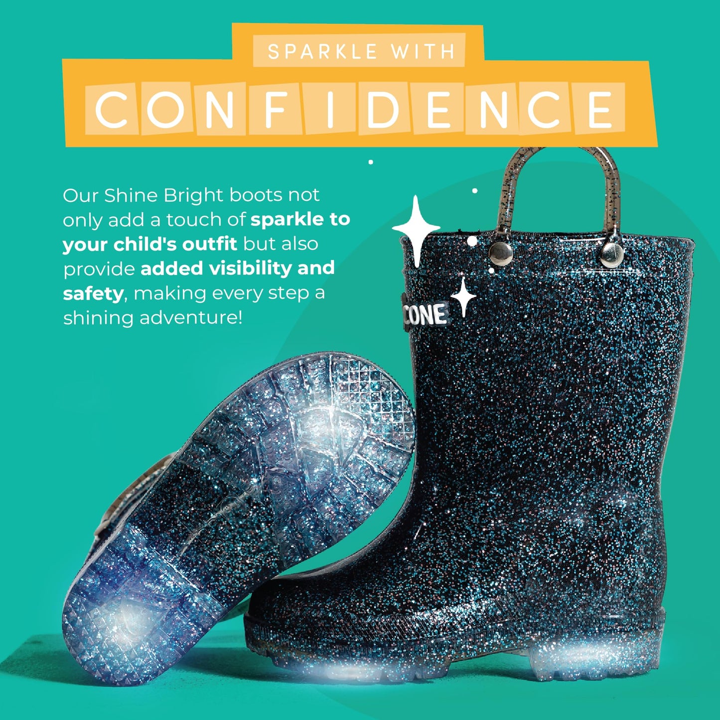 Glitter Light-Up Toddler Rain Boots with Easy Pull on Handles - Comfortable Shiny Kids Rain Boots for Boys and Girls - Fun & Safe Outdoor Play for All Seasons