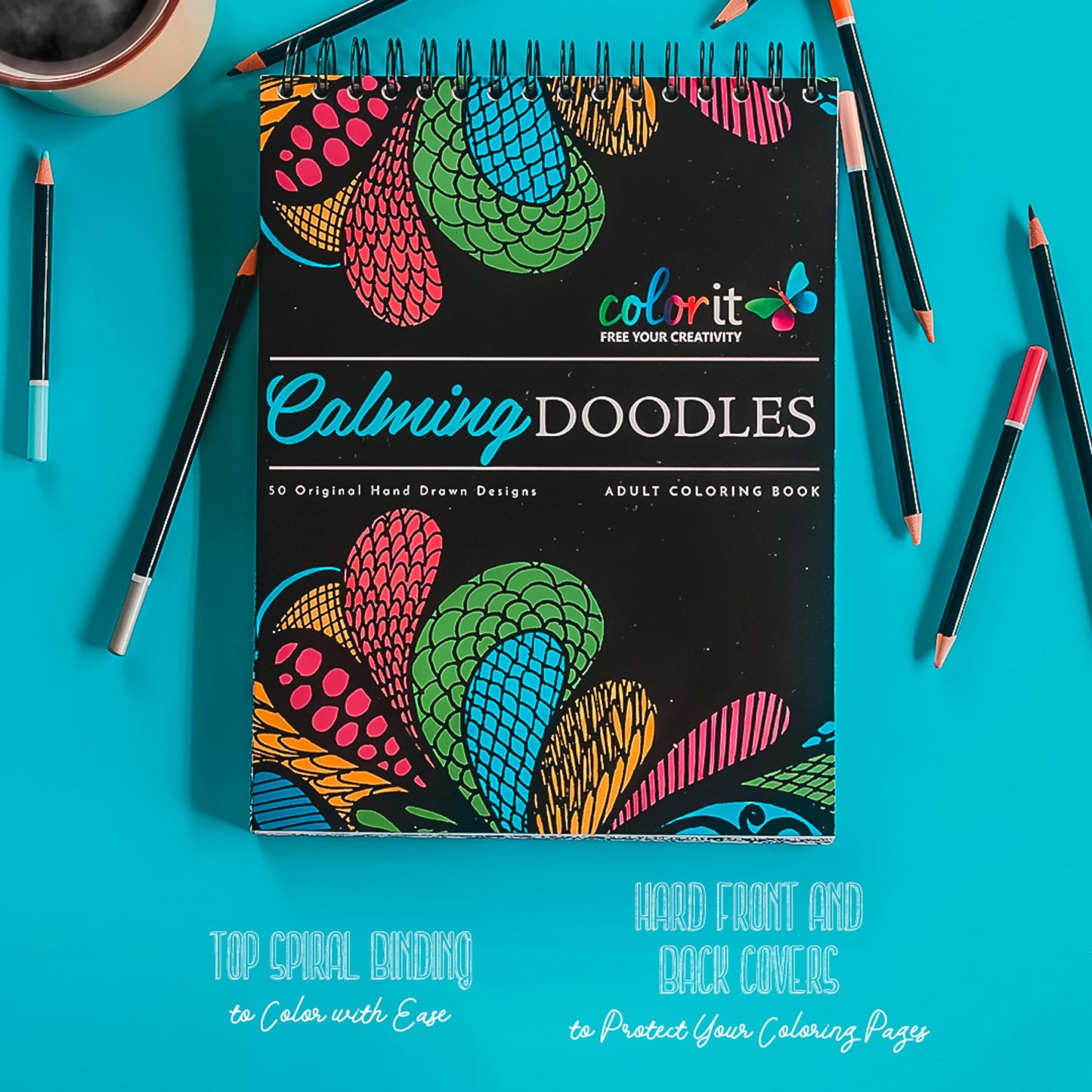 Calming Doodles Adult Coloring Book - Features 50 Original Hand Drawn Anti-Stress Zentangle Designs