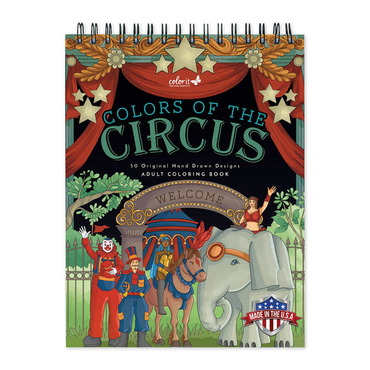 ColorIt Colors of The Circus Adult Coloring Book, 50 Single-Sided Designs, Spiral Binding, USA Printed, Lay Flat Hardback Book Covers, Ink Blotter Paper, Carnival Coloring Pages