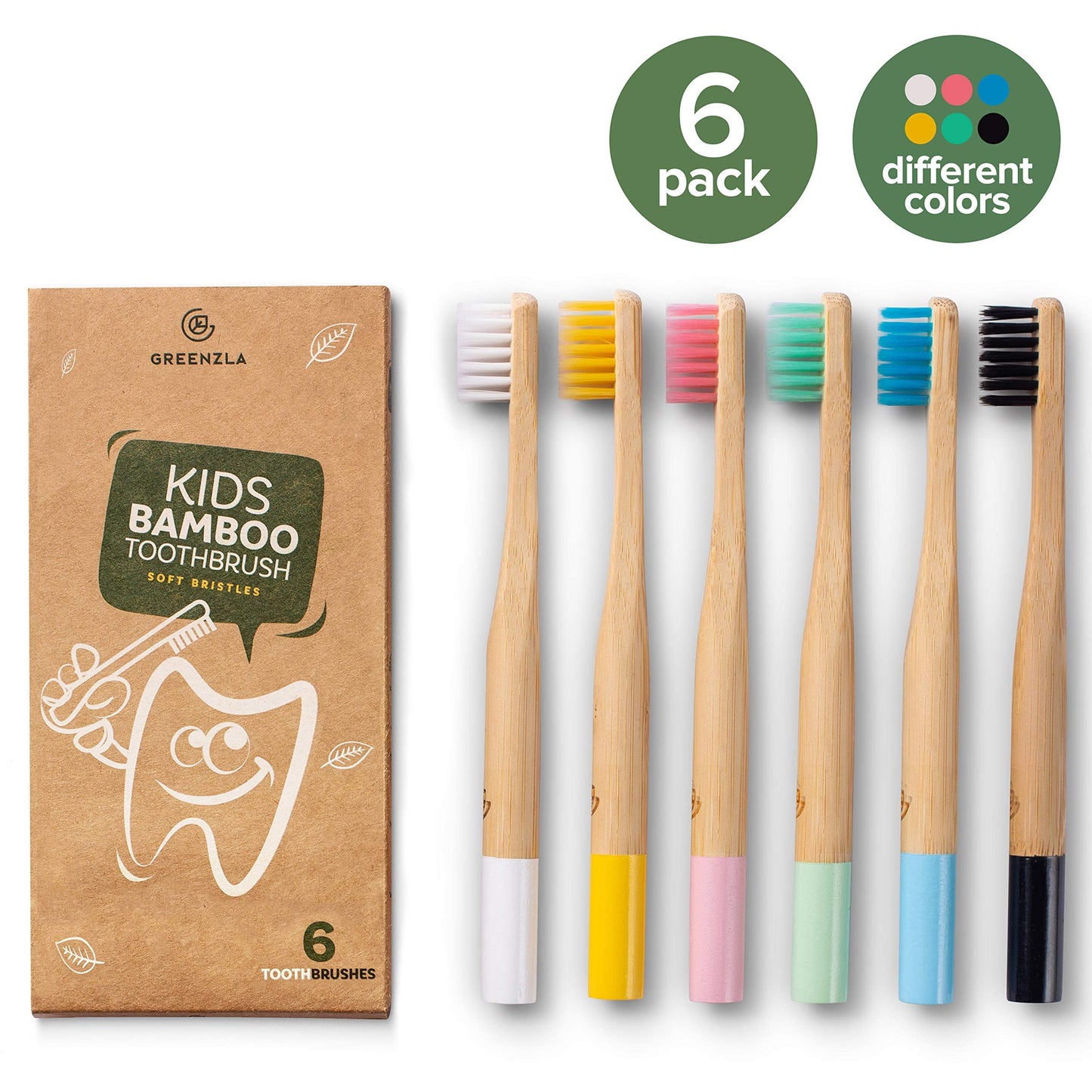 GREENZLA Kids Bamboo Toothbrushes (6 Pack) BPA Free Soft Bristles Eco-Friendly, Natural Toothbrush Set Biodegradable & Compostable Charcoal Wooden